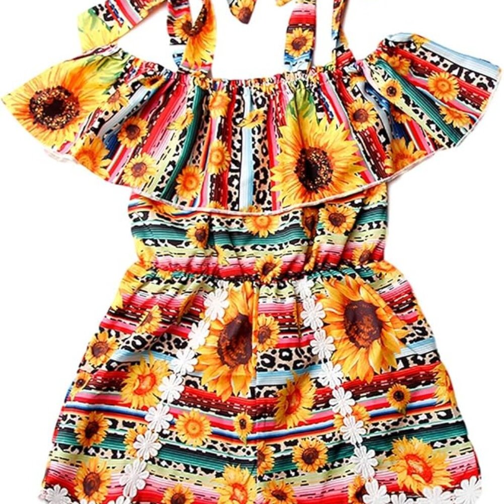 Toddler Baby Girl Sunflower Outfit Off Shoulder Ruffle Romper Jumpsuit